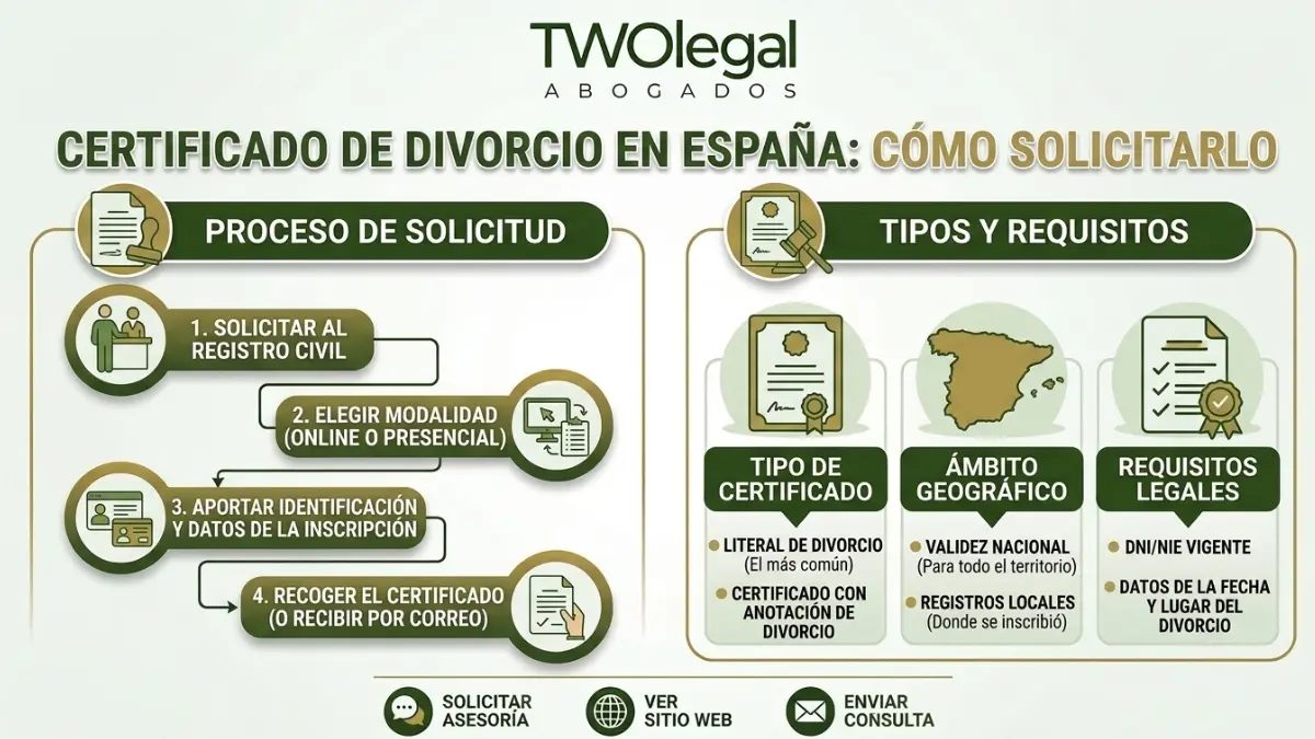 Infografía de TWOlegal Abogados: cómo solicitar el certificado de divorcio en España en 4 pasos (solicitar al Registro Civil, elegir modalidad, aportar identificación, recoger certificado), con tipos de certificado y requisitos legales.