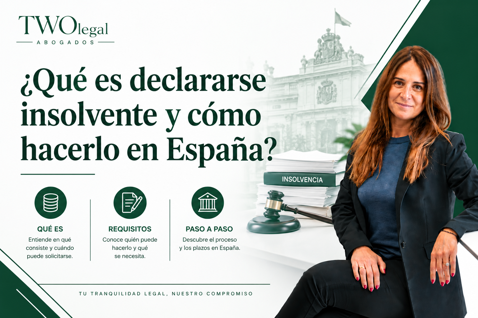 Infografía de TWO Legal Abogados titulada "¿Qué es declararse insolvente y cómo hacerlo en España?", con una abogada sonriente junto a un mazo de juez y documentos de "Insolvencia". Incluye tres apartados: qué es, requisitos y paso a paso del proceso y sus plazos en España.